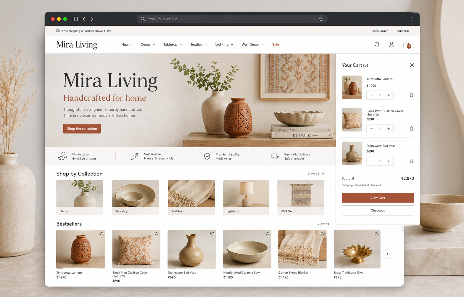 Demo e-commerce website concept for a home decor store